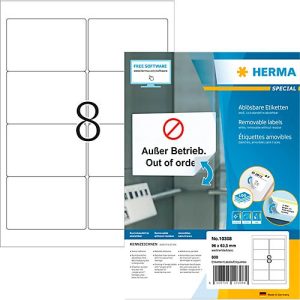 Herma Adressetiketten Special Nr. 10308, 96 x 63,5 mm, selbstklebend, ablösbar, bedruckbar, weiß, 800 Stück auf 100 Blatt Herma Adressetiketten Special Nr. 10308, 96 x 63,5 mm, selbstklebend, ablösbar, bedruckbar, weiß, 800 Stück auf 100 Blatt