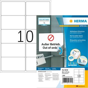 Herma Adressetiketten Special Nr. 10316, 99,1 x 57 mm, selbstklebend, ablösbar, bedruckbar, weiß, 1000 Stück auf 100 Blatt Herma Adressetiketten Special Nr. 10316, 99,1 x 57 mm, selbstklebend, ablösbar, bedruckbar, weiß, 1000 Stück auf 100 Blatt
