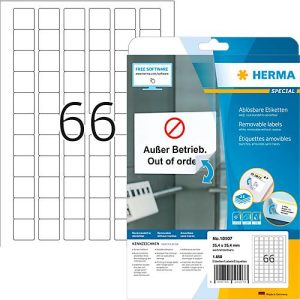 Herma Etiketten Nr. 10107, 25,4 x 25,4 mm, quadratisch, ablösbar, selbstklebend, sichere Haftung, Papier, weiß, 1650 Stück Herma Etiketten Nr. 10107, 25,4 x 25,4 mm, quadratisch, ablösbar, selbstklebend, sichere Haftung, Papier, weiß, 1650 Stück