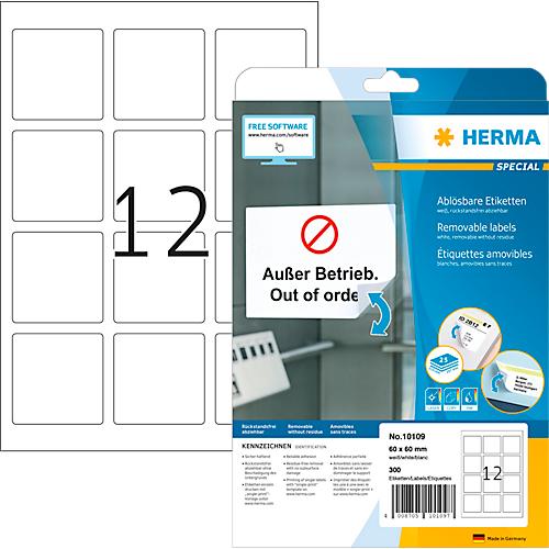 Herma Etiketten Nr. 10109, 60 x 60 mm, quadratisch, ablösbar, selbstklebend, sichere Haftung, Papier, weiß, 300 Stück