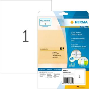 Herma Folienetiketten Special Nr. 4585, 210 x 297 mm, wetterfest, bedruckbar, permanent, transparent, matt, 10 Stück auf 10 Blatt Herma Folienetiketten Special Nr. 4585, 210 x 297 mm, wetterfest, bedruckbar, permanent, transparent, matt, 10 Stück auf 10 Blatt