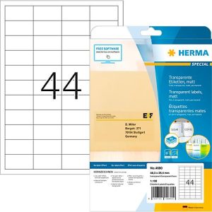 Herma Folienetiketten Special Nr. 4680, 48,3 x 25,4 mm, wetterfest, bedruckbar, permanent, transparent, 1100 Stück auf 25 Blatt Herma Folienetiketten Special Nr. 4680, 48,3 x 25,4 mm, wetterfest, bedruckbar, permanent, transparent, 1100 Stück auf 25 Blatt