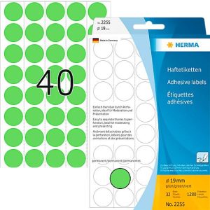 HERMA Klebepunkte 2255, Ø 19 mm, selbstklebend, permanenthaftend, per Hand beschreibbar, 1280 Stück auf 32 Blatt, FSC®-Papier, grün HERMA Klebepunkte 2255, Ø 19 mm, selbstklebend, permanenthaftend, per Hand beschreibbar, 1280 Stück auf 32 Blatt, FSC®-Papier, grün