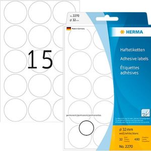 HERMA Klebepunkte 2270, Ø 32 mm, selbstklebend, permanenthaftend, per Hand beschreibbar, 480 Stück auf 32 Blatt, FSC®-Papier, weiß HERMA Klebepunkte 2270, Ø 32 mm, selbstklebend, permanenthaftend, per Hand beschreibbar, 480 Stück auf 32 Blatt, FSC®-Papier, weiß
