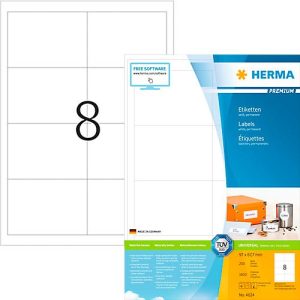 Herma Premium-Adressetiketten Nr. 4624, 97 x 67,7 mm, selbstklebend, permanenthaftend, bedruckbar, Papier, weiß, 1600 Stück auf 200 Blatt Herma Premium-Adressetiketten Nr. 4624, 97 x 67,7 mm, selbstklebend, permanenthaftend, bedruckbar, Papier, weiß, 1600 Stück auf 200 Blatt