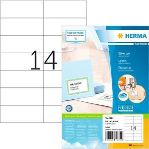 Herma Premium-Adressetiketten Nr. 4674, 105 x 42,3 mm, selbstklebend, permanenthaftend, bedruckbar, Papier, weiß, 1400 Stück auf 100 Blatt Herma Premium-Adressetiketten Nr. 4674, 105 x 42,3 mm, selbstklebend, permanenthaftend, bedruckbar, Papier, weiß, 1400 Stück auf 100 Blatt