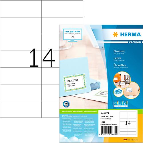 Herma Premium-Adressetiketten Nr. 4674, 105 x 42,3 mm, selbstklebend, permanenthaftend, bedruckbar, Papier, weiß, 1400 Stück auf 100 Blatt