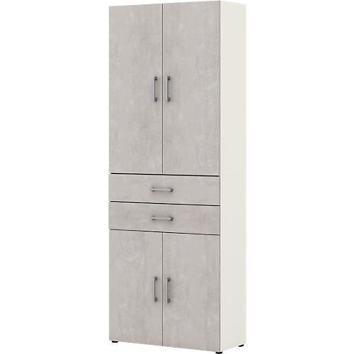 Home Office Schrank TEMPIO, aus Holz, 4 Türen, 2 Schubkästen, 6 OH, B 800 x T 340 x H 2130 mm, weiß/Beton