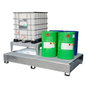IBC-Auffangwanne CEMO GS2 AB2, Stahl, 1000 l Auffangvolumen, lackiert, mit 2 Abfüllböcken, L 2680 x B 1255 x H 810 mm IBC-Auffangwanne CEMO GS2 AB2, Stahl, 1000 l Auffangvolumen, lackiert, mit 2 Abfüllböcken, L 2680 x B 1255 x H 810 mm