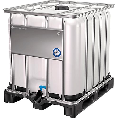 IBC Container, 1000 Liter, UN-Zulassung, Kunststoffdeckel, Stahl-Kreuzverband, Stahltraverse, auf Kunststoffpalette, B 1200 x T 1000 x H 1163 mm