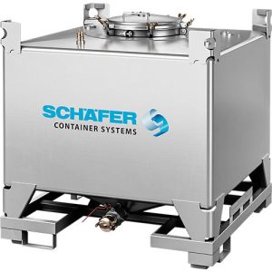 IBC-Container SCHÄFER Cube BTU NBR, 1000 l, UN-Zulassung, Sicherheitsventil, stapelbar, auf Palette, Edelstahl 1.4301 (V2A), B 1150 x T 1150 x H 1160 mm IBC-Container SCHÄFER Cube BTU NBR, 1000 l, UN-Zulassung, Sicherheitsventil, stapelbar, auf Palette, Edelstahl 1.4301 (V2A), B 1150 x T 1150 x H 1160 mm