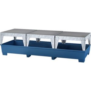IBC-Station ASECOS, Stahl, mit 3 Abfüllböcken u. Staplerschuhen, 1000 l Auffangvolumen, B 3280 x T 1300 x H 820 mm, lackiert IBC-Station ASECOS, Stahl, mit 3 Abfüllböcken u. Staplerschuhen, 1000 l Auffangvolumen, B 3280 x T 1300 x H 820 mm, lackiert