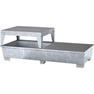 IBC-Station ASECOS, Stahl, mit Gitterrost, Abfüllblock u. Staplerschuhen, 1000 l Auffangvolumen, B 2680 x T 1300 x H 950 mm, verzinkt IBC-Station ASECOS, Stahl, mit Gitterrost, Abfüllblock u. Staplerschuhen, 1000 l Auffangvolumen, B 2680 x T 1300 x H 950 mm, verzinkt