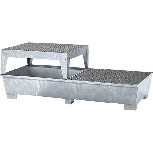 IBC-Station ASECOS, Stahl, mit Gitterrost, Abfüllblock u. Staplerschuhen, 1000 l Auffangvolumen, B 2680 x T 1300 x H 950 mm, verzinkt