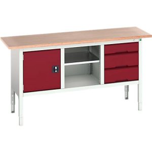 Kastenwerkbank Bott verso, mit Multiplex-Platte, 3 Schubladen & 1 Ablageboden & 1 Tür, B 1750 x T 600 x H 830 – 930 mm, RAL 7035 Lichtgrau / RAL 3004 Purpurrot
