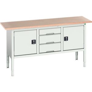 Kastenwerkbank Bott verso, mit Multiplex-Platte, 3 Schubladen & 2 Türen, B 1750 x T 600 x H 830 – 930 mm, RAL 7035 Lichtgrau