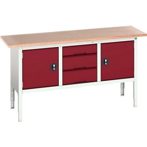 Kastenwerkbank Bott verso, mit Multiplex-Platte, 3 Schubladen & 2 Türen, B 1750 x T 600 x H 830 – 930 mm, RAL 7035 Lichtgrau / RAL 3004 Purpurrot