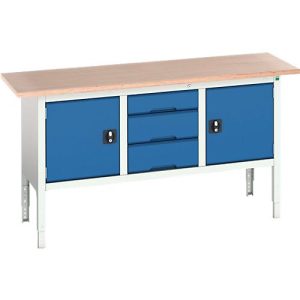 Kastenwerkbank Bott verso, mit Multiplex-Platte, 3 Schubladen & 2 Türen, B 1750 x T 600 x H 830 – 930 mm, RAL 7035 Lichtgrau / RAL 5010 Enzianblau