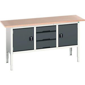 Kastenwerkbank Bott verso, mit Multiplex-Platte, 3 Schubladen & 2 Türen, B 1750 x T 600 x H 830 – 930 mm, RAL 7035 Lichtgrau / RAL 7016 Anthrazitgrau