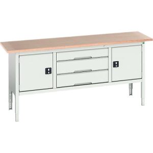 Kastenwerkbank Bott verso, mit Multiplex-Platte, 3 Schubladen & 2 Türen, B 2000 x T 600 x H 830 – 930 mm, Lichtgrau RAL 7035