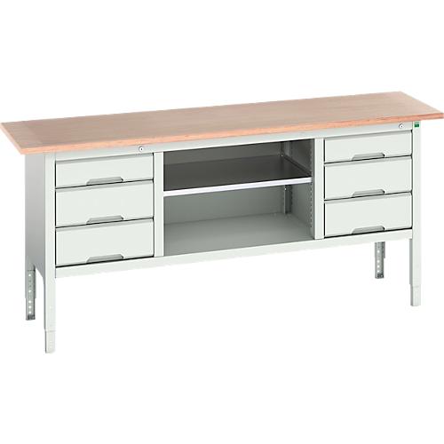 Kastenwerkbank Bott verso, mit Multiplex-Platte, 6 Schubladen & 1 Ablageboden, B 2000 x T 600 x H 830 - 930 mm, RAL 7035 Lichtgrau