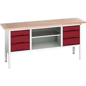 Kastenwerkbank Bott verso, mit Multiplex-Platte, 6 Schubladen & 1 Ablageboden, B 2000 x T 600 x H 830 – 930 mm, RAL 7035 Lichtgrau / RAL 3004 Purpurrot