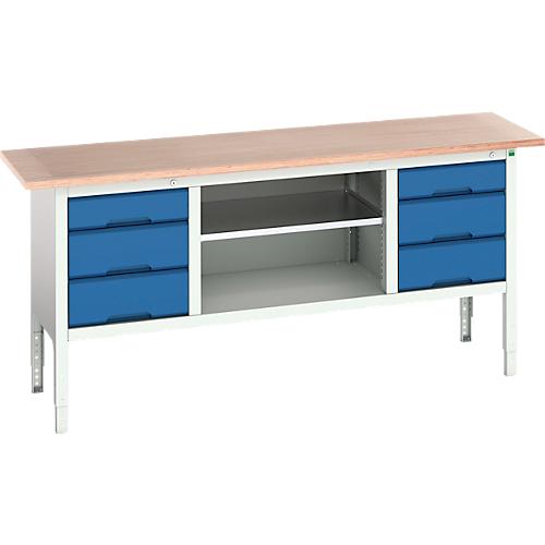 Kastenwerkbank Bott verso, mit Multiplex-Platte, 6 Schubladen & 1 Ablageboden, B 2000 x T 600 x H 830 - 930 mm, RAL 7035 Lichtgrau / RAL 5010 Enzianblau