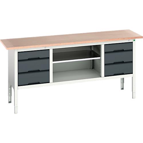 Kastenwerkbank Bott verso, mit Multiplex-Platte, 6 Schubladen & 1 Ablageboden, B 2000 x T 600 x H 830 - 930 mm, RAL 7035 Lichtgrau / RAL 7016 Anthrazitgrau