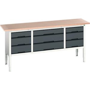 Kastenwerkbank Bott verso, mit Multiplex-Platte, 9 Schubladen, B 2000 x T 600 x H 830 – 930 mm, Lichtgrau RAL 7035 /6 Anthrazitgrau RAL 701 Kastenwerkbank Bott verso, mit Multiplex-Platte, 9 Schubladen, B 2000 x T 600 x H 830 – 930 mm, Lichtgrau RAL 7035 /6 Anthrazitgrau RAL 701
