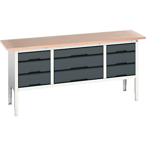 Kastenwerkbank Bott verso, mit Multiplex-Platte, 9 Schubladen, B 2000 x T 600 x H 830 - 930 mm, Lichtgrau RAL 7035 /6 Anthrazitgrau RAL 701