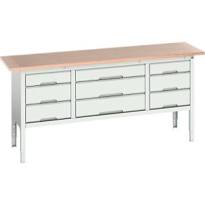 Kastenwerkbank Bott verso, mit Multiplex-Platte, 9 Schubladen, B 2000 x T 600 x H 830 – 930 mm, Lichtgrau RAL 7035