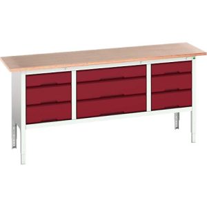 Kastenwerkbank Bott verso, mit Multiplex-Platte, 9 Schubladen, B 2000 x T 600 x H 830 – 930 mm, Lichtgrau RAL 7035 / Purpurrot RAL 3004