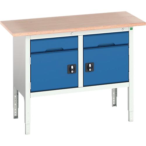 Kastenwerkbank Bott verso, Multiplex-Platte, 2 Schubladen und 2 Türen, B 1500 x T 600 x H 830 - 930 mm, RAL 7035 Lichtgrau / Enzianblau