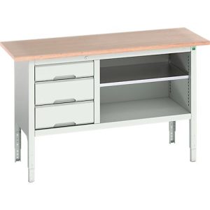 Kastenwerkbank Bott verso, Multiplex-Platte, 3 Schubladen & 1 Ablageboden, B 1500 x T 600 x H 830 – 930 mm, RAL 7035 Lichtgrau Kastenwerkbank Bott verso, Multiplex-Platte, 3 Schubladen & 1 Ablageboden, B 1500 x T 600 x H 830 – 930 mm, RAL 7035 Lichtgrau