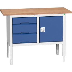 Kastenwerkbank Bott verso, Multiplex-Platte, 3 Schubladen & 1 Tür, B 1250 x T 600 x H 830 – 930 mm, RAL 7035 Lichtgrau / Enzianblau Kastenwerkbank Bott verso, Multiplex-Platte, 3 Schubladen & 1 Tür, B 1250 x T 600 x H 830 – 930 mm, RAL 7035 Lichtgrau / Enzianblau