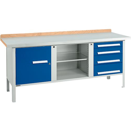 Kastenwerkbank Schäfer Shop Select PW 200-1, ESD, Buche Multiplexplatte, mit Stahlabdeckung, bis 750 kg, B 2000 x T 700 x H 840 mm, Enzianblau