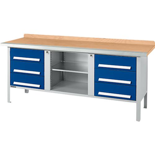 Kastenwerkbank Schäfer Shop Select PW 200-2, Buche Multiplexplatte, mit Stahlkante, bis 750 kg, B 2000 x T 700 x H 840 mm, Enzianblau