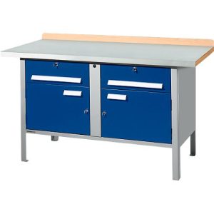 Kastenwerkbank Schäfer Shop Select PWi 150-0, ESD, Buche Multiplexplatte, mit Stahlabdeckung, bis 750 kg, B 1500 x T 700 x H 840 mm, Enzianblau