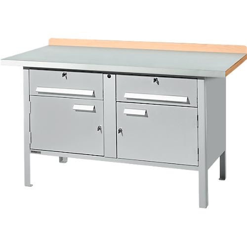 Kastenwerkbank Schäfer Shop Select PWi 150-0, ESD, Buche Multiplexplatte, mit Stahlabdeckung, bis 750 kg, B 1500 x T 700 x H 840 mm, Weißaluminium