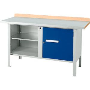 Kastenwerkbank Schäfer Shop Select PWi 150-1, ESD, Buche Multiplexplatte, mit Stahlabdeckung, bis 750 kg, B 1500 x T 700 x H 840 mm, Enzianblau