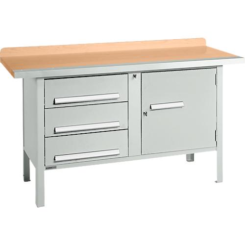 Kastenwerkbank Schäfer Shop Select PWi 150-4, Buche Multiplexplatte, mit Stahlkante, bis 750 kg, B 1500 x T 700 x H 840 mm, Lichtgrau