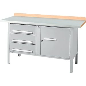 Kastenwerkbank Schäfer Shop Select PWi 150-4, ESD, Buche Multiplexplatte, mit Stahlabdeckung, bis 750 kg, B 1500 x T 700 x H 840 mm, Weißaluminium