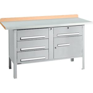 Kastenwerkbank Schäfer Shop Select PWi 150-5, ESD, Buche Multiplexplatte, mit Stahlabdeckung, bis 750 kg, B 1500 x T 700 x H 840 mm, Weißaluminium