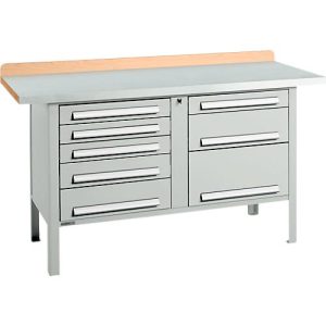 Kastenwerkbank Schäfer Shop Select PWi 150-8, ESD, Buche Multiplexplatte, mit Stahlabdeckung, bis 750 kg, B 1500 x T 700 x H 840 mm, Lichtgrau