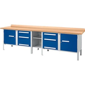 Kastenwerkbank Schäfer Shop Select PWi 300-2, mitteldichte Faserplatte (MDF), bis 750 kg, B 3000 x T 680 x H 838 mm, Enzianblau
