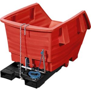 Kippbehälter, Polyethylen, rot, B 1170 x T 1660 x H 1060 mm, 1000 l, Schüttkanthöhe 635 mm, bis 250 kg, Kipp-Arretierungsvorrichtung Kippbehälter, Polyethylen, rot, B 1170 x T 1660 x H 1060 mm, 1000 l, Schüttkanthöhe 635 mm, bis 250 kg, Kipp-Arretierungsvorrichtung