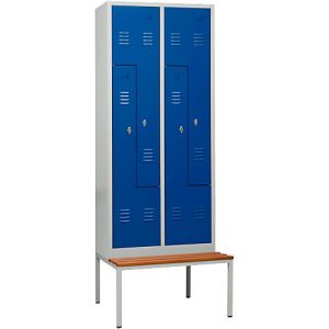 Kleiderspind, 4 Abteile, mit Sitzbank, B 800 x H 2200 mm, Drehriegelverschluss, lichtgrau/enzianblau Kleiderspind, 4 Abteile, mit Sitzbank, B 800 x H 2200 mm, Drehriegelverschluss, lichtgrau/enzianblau