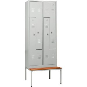 Kleiderspind, 4 Abteile, mit Sitzbank, B 800 x H 2200 mm, Drehriegelverschluss, lichtgrau/lichtgrau Kleiderspind, 4 Abteile, mit Sitzbank, B 800 x H 2200 mm, Drehriegelverschluss, lichtgrau/lichtgrau