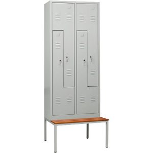 Kleiderspind, 4 Abteile, mit Sitzbank, B 800 x H 2200 mm, Zylinderschloss, lichtgrau/lichtgrau Kleiderspind, 4 Abteile, mit Sitzbank, B 800 x H 2200 mm, Zylinderschloss, lichtgrau/lichtgrau