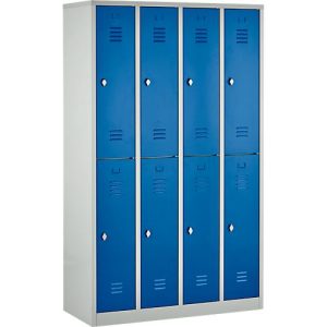 Kleiderspind, 4 Abteile übereinander, B 1170 x H 1950 mm, Drehriegelverschluss, lichtgrau/enzianblau Kleiderspind, 4 Abteile übereinander, B 1170 x H 1950 mm, Drehriegelverschluss, lichtgrau/enzianblau